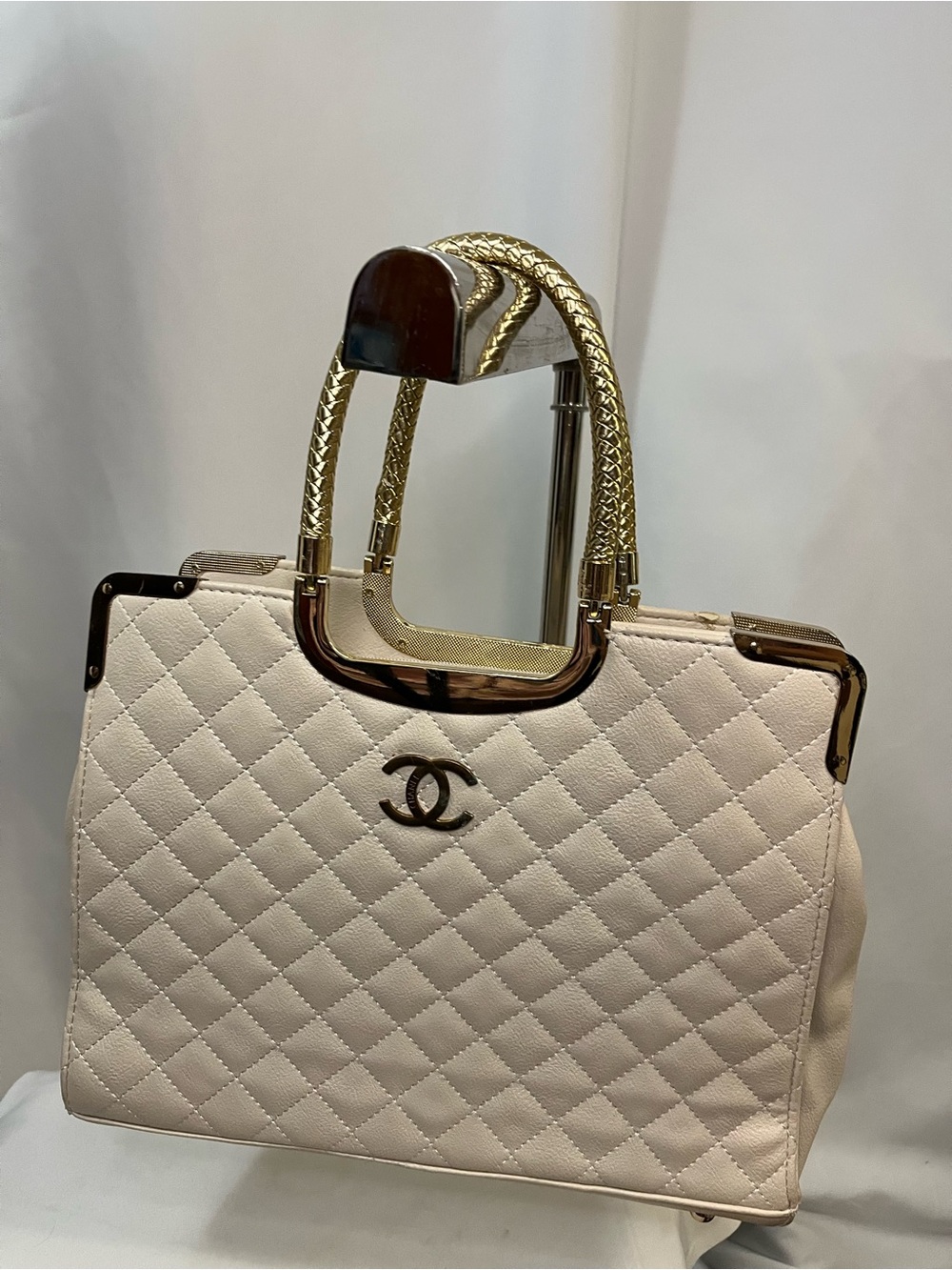 Quilted CC Top-Handle Tote in Cream with Gold Hardware - Picture 8 of 11